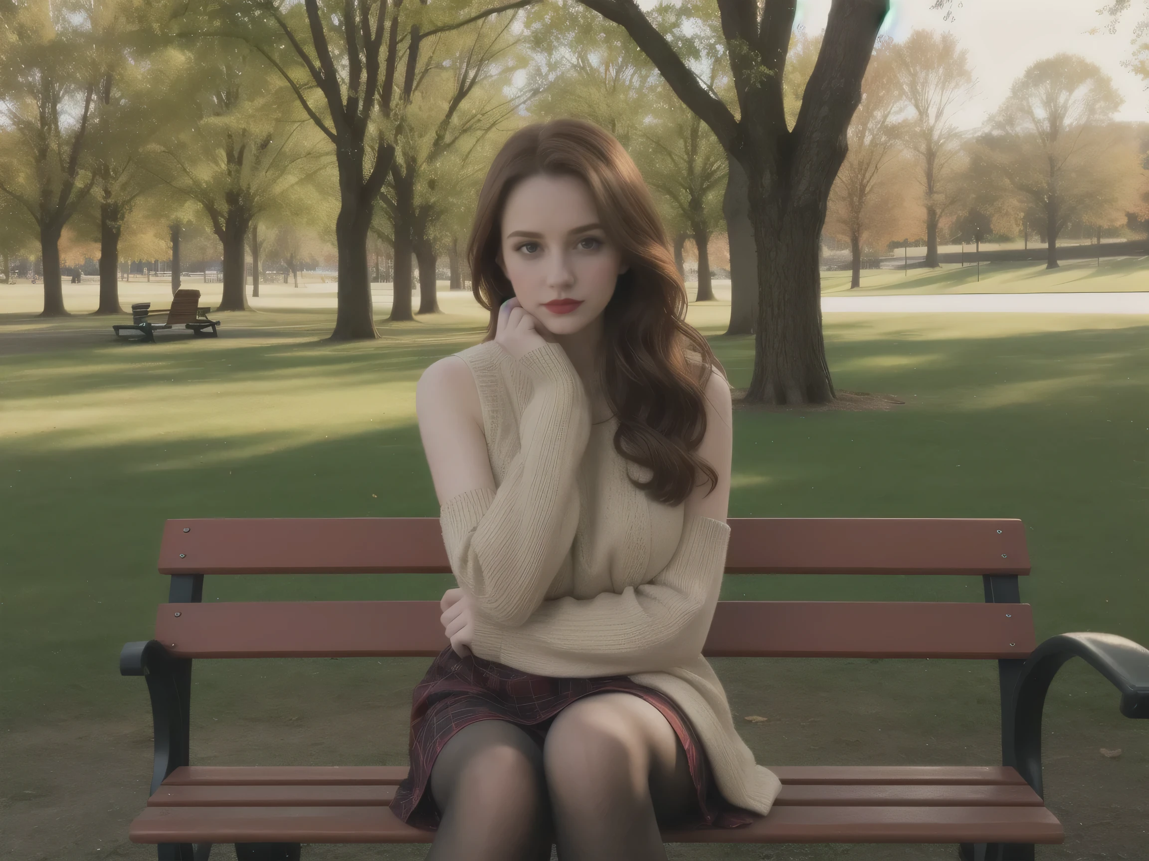 instagram photo, upper body photo of  Scottish Lisa, pouted mouth, red lipstick, pale, dressed in virgin plaid sweater, sleeveless, backless, long messy red hair, pale skin, happy, sitting on a bench in a park, soft, seductive pose, sexy, beautiful eyes, hard shadows, dark, sunset, overexposed filter, clear tan pantyhose, huge DD tits