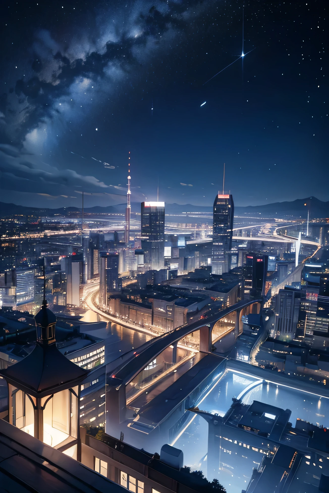 Generate a landscape city with a night sky