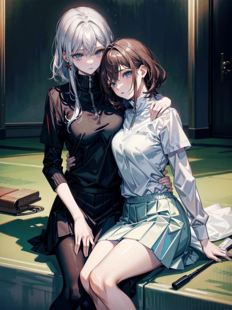 ((yuri)), ((2 girls)), absurdres, RAW photo, extremely delicate and beautiful, masterpiece, Best Quality, ultra high resolution, 32k, hyperrealistic, ultra-detailed, detailed description, perfect anatomy, pale skin, 20 years old, detailed beautiful face and eyes, tearful mole, earring, short medium hair, wavy hair, whole body shot, big tits, golf uniform,