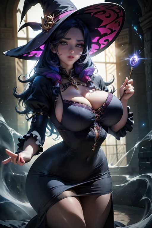 a witch with big breasts, casting a spell, wearing a sexy dress, detailed face, beautiful eyes, glossy lips, intricate hair, dramatic lighting, cinematic composition, vibrant colors, digital art, masterpiece, highly detailed, 8k, photorealistic