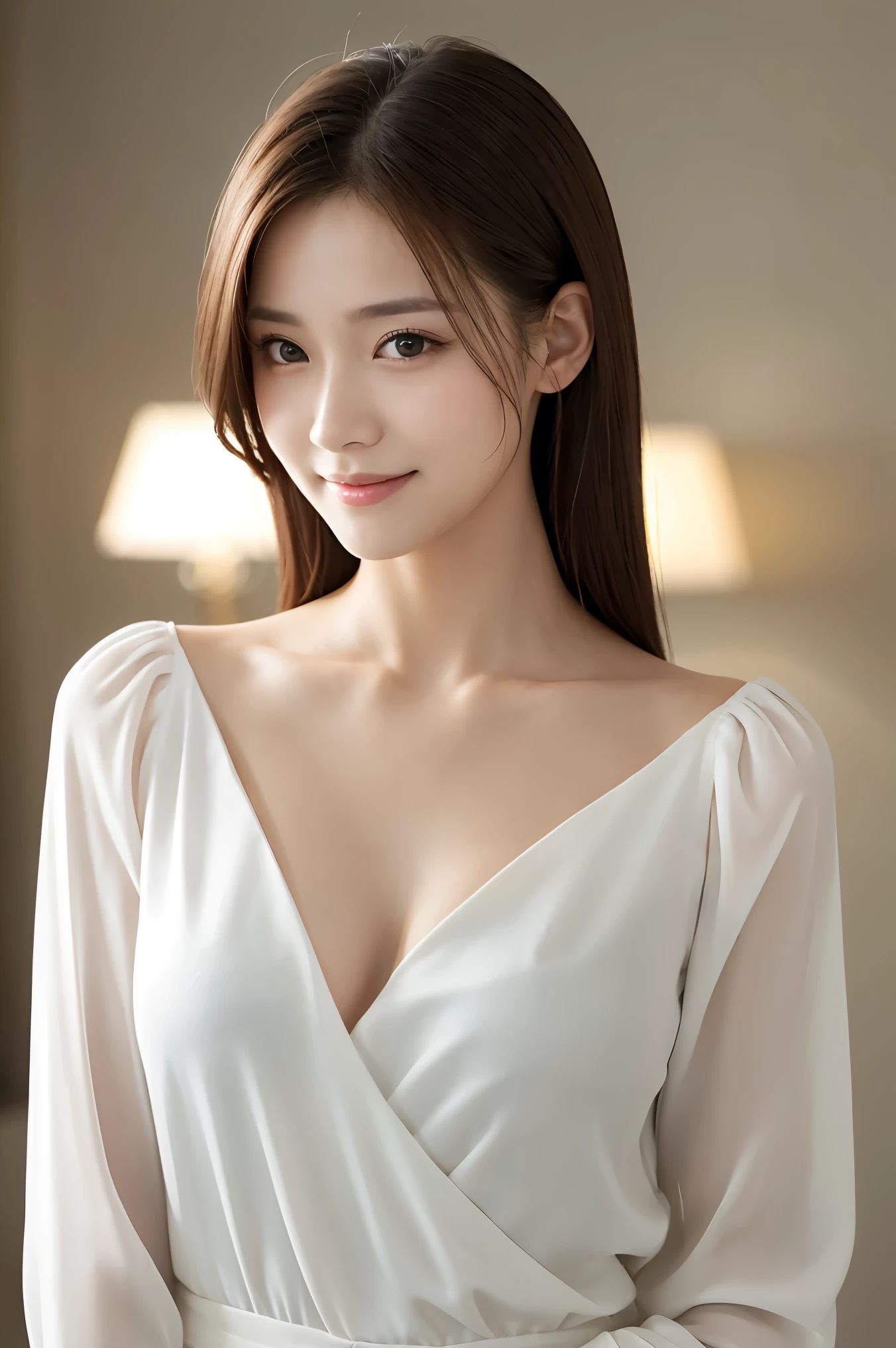 (highest quality、Tabletop、8k、Best image quality、Award-winning works)、One girl、(:1.1)、elegantVNeck long sleeve blouse、Cleavage、A smile looking at me、(Closed lips:1.1)、Accurate anatomy、Pure white background、Close-up of face、Portrait Photo、standing elegantly、Upper body photo、Glowing Skin、Looking up at me with eyes