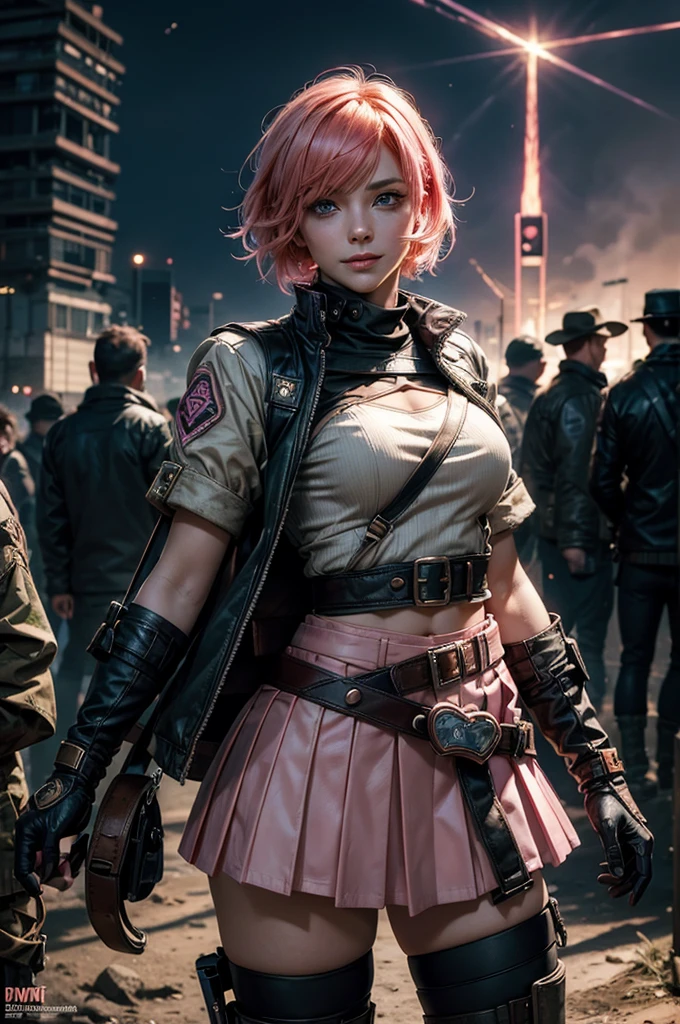  1girl,cowboy shot, beautiful nora_valkyrie, looking at viewer, smile, short hair, blue eyes, heart cutout, gloves,  jacket, pink skirt, pink belt, short sleeves, puffy sleeves, single armband, fingerless gloves, short hair, orange hair, pink gloves, dynamic pose, night, lightning, standing on old suspension bridge, river, post-apocalypse, dystopian future, crowd, (crowd in military uniforms), bonfires, (volumetric lighting), best quality, masterpiece, intricate details, tonemapping, sharp focus, hyper detailed, trending on Artstation,