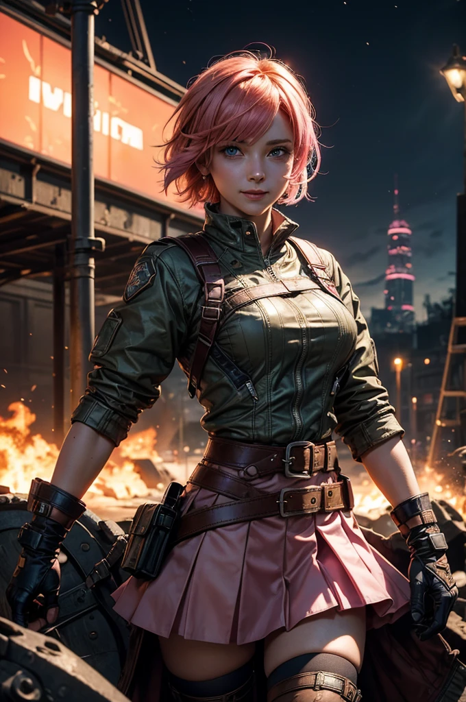 1girl,cowboy shot, beautiful nora_valkyrie, looking at viewer, smile, short hair, blue eyes, heart cutout, gloves, jacket, pink skirt, pink belt, short sleeves, puffy sleeves, single armband, fingerless gloves, short hair, orange hair, pink gloves, dynamic pose, night, lightning, standing on old suspension bridge, river, post-apocalypse, dystopian future, crowd, (crowd in military uniforms), bonfires, (volumetric lighting), best quality, masterpiece, intricate details, tonemapping, sharp focus, hyper detailed, trending on Artstation,