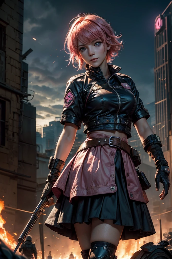 1girl,cowboy shot, beautiful nora_valkyrie, looking at viewer, smile, short hair, blue eyes, heart cutout, gloves, jacket, pink skirt, pink belt, short sleeves, puffy sleeves, single armband, fingerless gloves, short hair, orange hair, pink gloves, dynamic pose, night, lightning, standing on old suspension bridge, river, post-apocalypse, dystopian future, crowd, (crowd in military uniforms), bonfires, (volumetric lighting), best quality, masterpiece, intricate details, tonemapping, sharp focus, hyper detailed, trending on Artstation,
