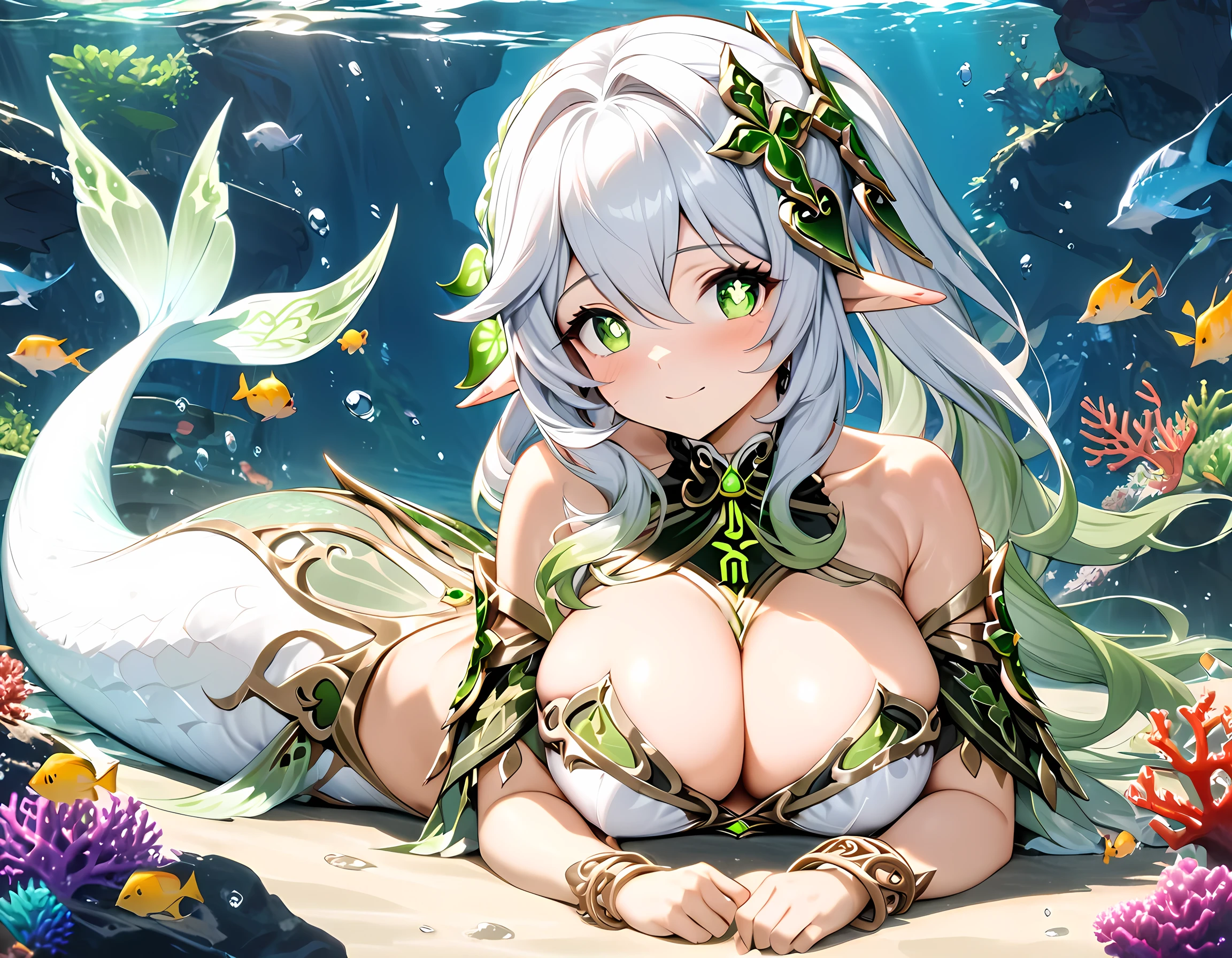(masterpiece), best quality, expressive eyes, perfect face,1girl,nahida_(genshin impact),24-year old girl,mermaid,(beautiful white mermaid tail:1.4),(light green tail fins),big breasts,cleavage,bracelets,(white and green scales),navel,full body shot,underwater forest,coral reef,pointy ears,long hair,necklace,bare shoulders,(strapless shell bikini),smiles,lying on shoulder