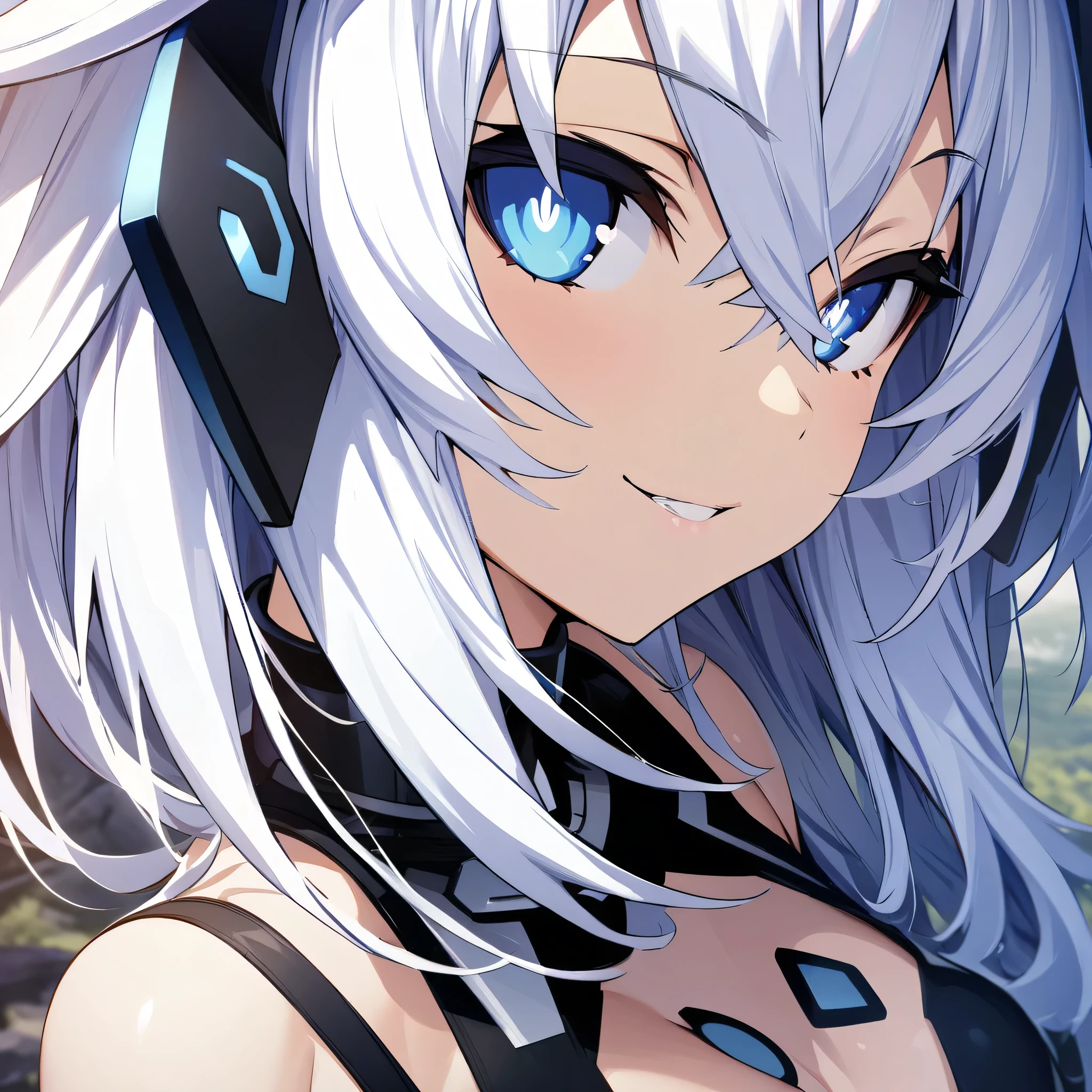 (masterpiece),(best quality),(ultra-detailed),(best illustration),(best shadow),(absurdres),(detailed background),(very aesthetic), black_heart(neptunia), white hair, blue eyes, symbol shaped pupils, power symbol, very close-up, portrait, seductive smile,