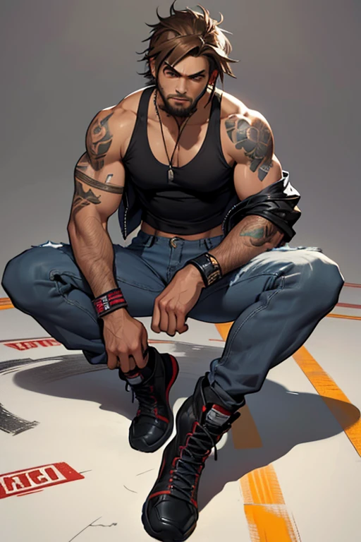detailed and colorful sketch, realistic contour style, full body drawing, Tekken style character, young man around 30, fighter physique, Latin American boy features, light brown eyes, short shoulder length hair with long bangs, soft beard, wearing a gray tank top with punk jacket, jeans, fighting bands on hands