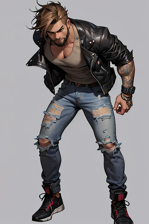 detailed and colorful sketch, realistic contour style, full body drawing, Tekken style character, young man around 30, fighter physique, Latin American boy features, light brown eyes, short shoulder length hair with long bangs, soft beard, wearing a gray tank top with punk jacket, jeans, fighting bands on hands