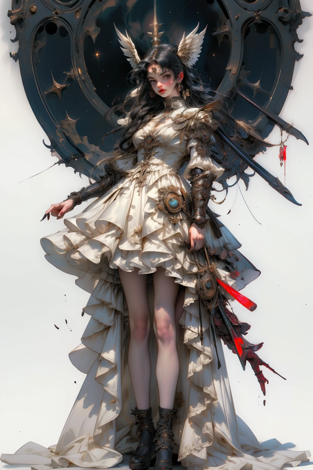 ((best quality)), ((masterpiece)), (detailed), blank white background, plain background, white background, Bloodborne inspired, occult aesthetic, occult, detailed and intricate steampunk and detailed gothic, NSFW, Very dramatic and cinematic lighting, cosmic horror, grim-dark, side-lighting, perfect face, a beaituful goddess valkyrie adorned and enshrined in armour, Bloodborne inspired valkyrie, occult aesthetic valkyrie, occult valkyrie, detailed and intricate steampunk and detailed gothic valkyrie, NSFW, Fluttering lace flared long knee length dress with frilly petticoats, knee length dress, pleated petticoats, ta dress, petticoats gothic loliside-lighting, gothic lolita aetic, beautiful small breasts, small breasts, full body, whole body, body, plain background, white background, blank background, no background, white background