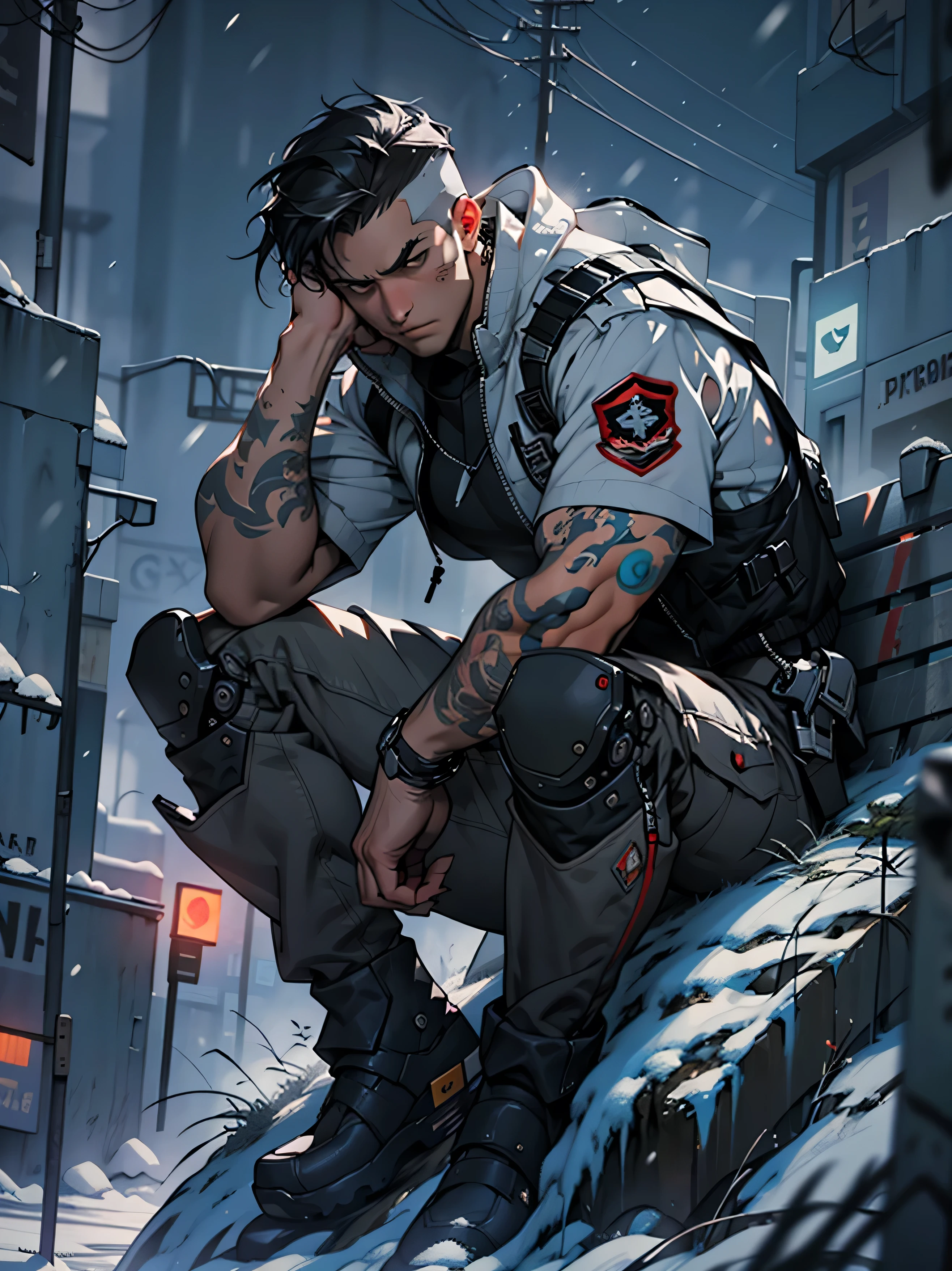 Draw 30 year old male, muscular, buff, bulge in pants, black military outfit with knee and elbow pads, has military patches on arms with a maple leaf, red and white accents, robot head, mecha head, cyber punk head, outside on duty, three quarter angle shot, dynamic shot, in winter storm, high definition, masterpiece, 8k resolution, military bullet proof vest, dark atmosphere, intimidating, sitting on bench, arms crossed