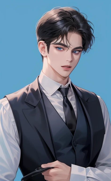 (masterpiece,best quality,ultra_detailed,highres,absurdres),1 mature male, 30-ish, (wide shoulder), (muscular), male focus, solo, short black Quiff hair with Soft Fringe (bangs part on side 3:7 ratio), chain, shirt, black necktie, necktie, simple background, blue eyes, upper body, vest, short hair, looking at viewer, no smile face, parted lips, collared shirt, round eyewear, long sleeves, hand on own shoulder, black shirt, blue background, white vest, monocle, jewelry.