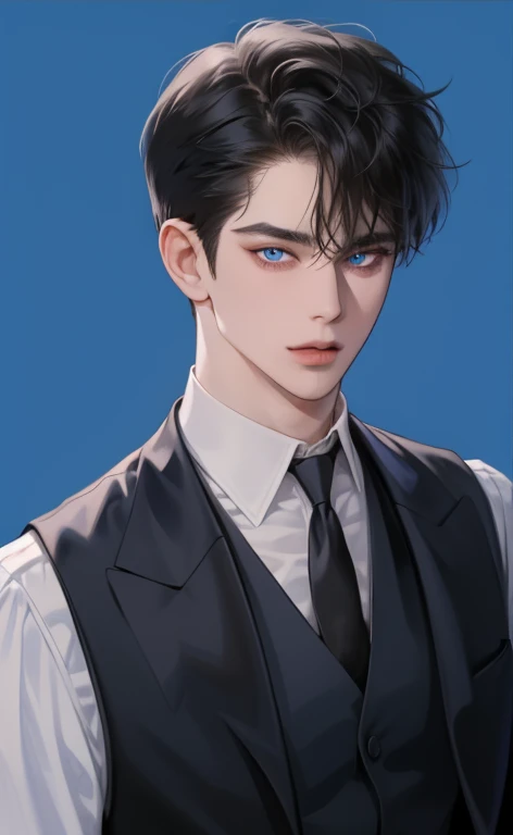 (masterpiece,best quality,ultra_detailed,highres,absurdres),1 mature male, 30-ish, (wide shoulder), (muscular), male focus, solo, short black Quiff hair with Soft Fringe (bangs part on side 3:7 ratio), chain, shirt, black necktie, necktie, simple background, blue eyes, upper body, vest, short hair, looking at viewer, no smile face, parted lips, collared shirt, round eyewear, long sleeves, hand on own shoulder, black shirt, blue background, white vest, monocle, jewelry.