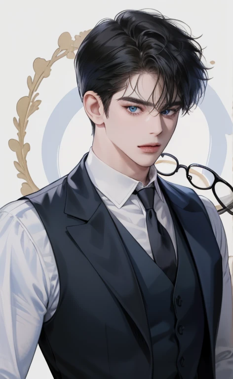 (masterpiece,best quality,ultra_detailed,highres,absurdres),1 mature male, 30-ish, (wide shoulder), (muscular), male focus, solo, short black Quiff hair with Soft Fringe (bangs part on side 3:7 ratio), chain, shirt, black necktie, necktie, simple background, blue eyes, upper body, vest, short hair, looking at viewer, no smile face, parted lips, collared shirt, round eyewear, long sleeves, hand on own shoulder, black shirt, blue background, white vest, monocle, jewelry.