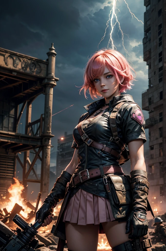  1girl,cowboy shot, beautiful nora_valkyrie, looking at viewer, smile, short hair, blue eyes, heart cutout, gloves,  jacket, pink skirt, pink belt, short sleeves, puffy sleeves, single armband, fingerless gloves, short hair, orange hair, pink gloves, dynamic pose, night, lightning, standing on old suspension bridge, river, post-apocalypse, dystopian future, crowd, (crowd in military uniforms), bonfires, (volumetric lighting), best quality, masterpiece, intricate details, tonemapping, sharp focus, hyper detailed, trending on Artstation,