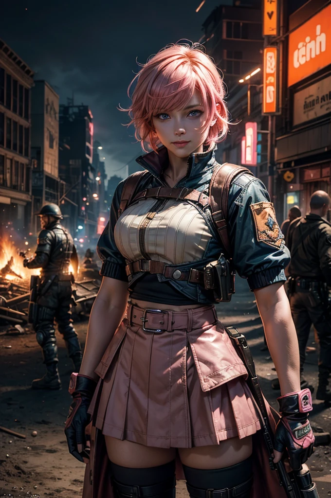 1girl,cowboy shot, beautiful nora_valkyrie, looking at viewer, smile, short hair, blue eyes, heart cutout, gloves, jacket, pink skirt, pink belt, short sleeves, puffy sleeves, single armband, fingerless gloves, short hair, orange hair, pink gloves, dynamic pose, night, lightning, standing on old suspension bridge, river, post-apocalypse, dystopian future, crowd, (crowd in military uniforms), bonfires, (volumetric lighting), best quality, masterpiece, intricate details, tonemapping, sharp focus, hyper detailed, trending on Artstation,
