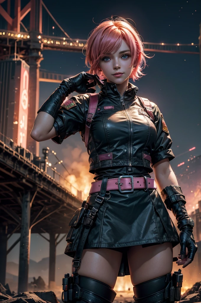 1girl,cowboy shot, beautiful nora_valkyrie, looking at viewer, smile, short hair, blue eyes, heart cutout, gloves, jacket, pink skirt, pink belt, short sleeves, puffy sleeves, single armband, fingerless gloves, short hair, orange hair, pink gloves, dynamic pose, night, lightning, standing on old suspension bridge, river, post-apocalypse, dystopian future, crowd, (crowd in military uniforms), bonfires, (volumetric lighting), best quality, masterpiece, intricate details, tonemapping, sharp focus, hyper detailed, trending on Artstation,