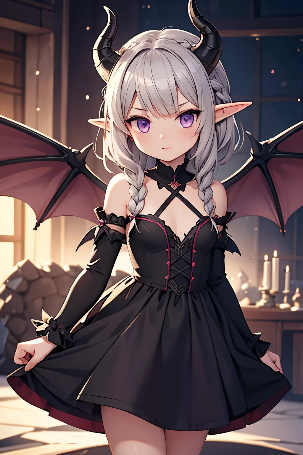 girl with dragon horns and black dress close up, medieval, dragon, beautiful elegant dragon princess, gothic anime girl, anime monster girl, short wavy silver hair with braid in front of elf ears, large dragon wings, long dragon tail, purple eyes, cute style dress torn ragged bottom, elf ears, small breasts, short wavy silver hair front braid, SHORT wavy hair, braided bangs, modest dress, sfw, safe for work