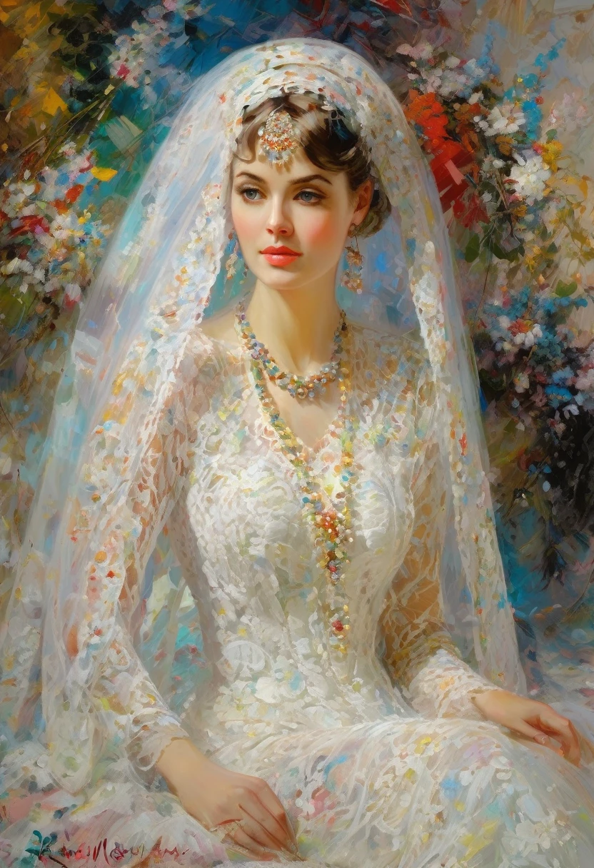 ((white tulle lace)), intricate lace, calico, ((lace on the veil)), aesthetics, ((Jackson-Pollock style!)), ((perfect full detail)), magic naive art, primitivism, protogen,
, ((best quality, Masterpiece)), ((Highest detail Konstantin Makovsky)), RAW:1,1, 8k
