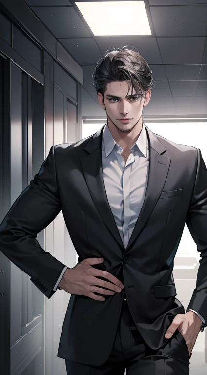 (best quality, masterpiece, 8K, photorealistic, cinematic lighting, hdr image, ultra detailed, beautiful image), 1 man, 31 years old, mature man, very handsome, (without expression, serious), short black hair, blue grey eyes ( penetrating gaze), perfect face without errors, imposing posture, without errors, businessman, office background