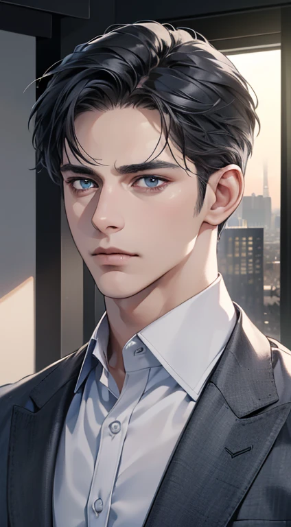 (best quality, masterpiece, 8K, photorealistic, cinematic lighting, hdr image, ultra detailed, beautiful image), 1 man, 31 years old, mature man, very handsome, (without expression, serious), short black hair, blue grey eyes ( penetrating gaze), perfect face without errors, imposing posture, without errors, businessman, office background