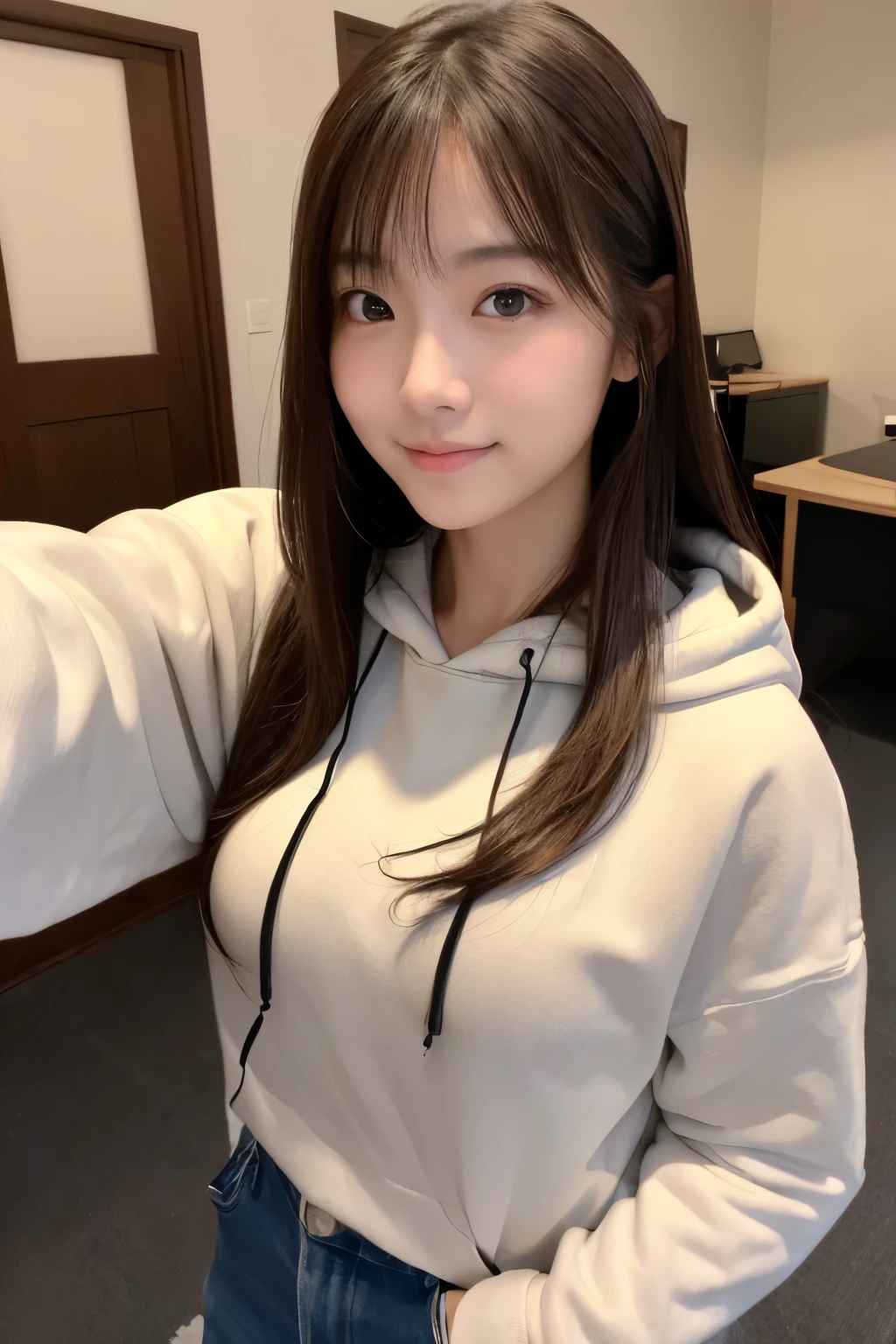 (highest quality、8K、32k、masterpiece、nffsw:1.2)、Cute Japanese Women Photos、Small breasts、Long Hair、Upper Body、Surface Focus、hoodie、Simple Background、From above、Watching the audience、A balanced body、Selfie、Inside the house