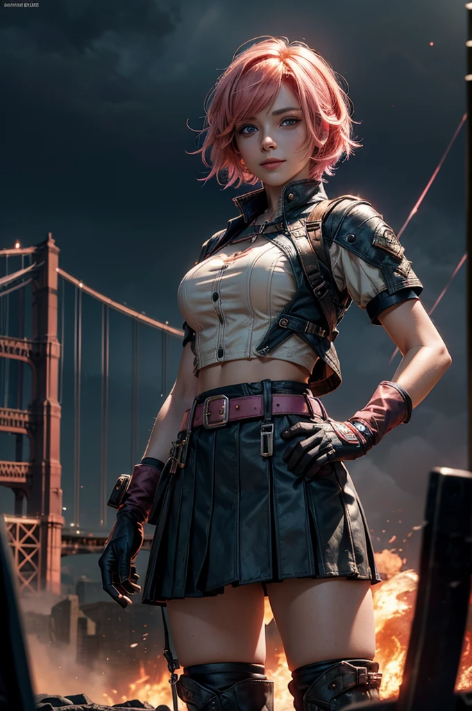  1girl,cowboy shot, beautiful nora_valkyrie, looking at viewer, smile, short hair, blue eyes, heart cutout, gloves,  jacket, pink skirt, pink belt, short sleeves, puffy sleeves, single armband, fingerless gloves, short hair, orange hair, pink gloves, dynamic pose, hands on hips, night, lightning, standing on old suspension bridge, river, post-apocalypse, dystopian future, crowd, (crowd in military uniforms), bonfires, (volumetric lighting), best quality, masterpiece, intricate details, tonemapping, sharp focus, hyper detailed, trending on Artstation,