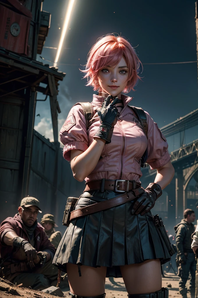 1girl,cowboy shot, beautiful nora_valkyrie, looking at viewer, smile, short hair, blue eyes, heart cutout, gloves, jacket, pink skirt, pink belt, short sleeves, puffy sleeves, single armband, fingerless gloves, short hair, orange hair, pink gloves, dynamic pose, hands on hips, night, lightning, standing on old suspension bridge, river, post-apocalypse, dystopian future, crowd, (crowd in military uniforms), bonfires, (volumetric lighting), best quality, masterpiece, intricate details, tonemapping, sharp focus, hyper detailed, trending on Artstation,