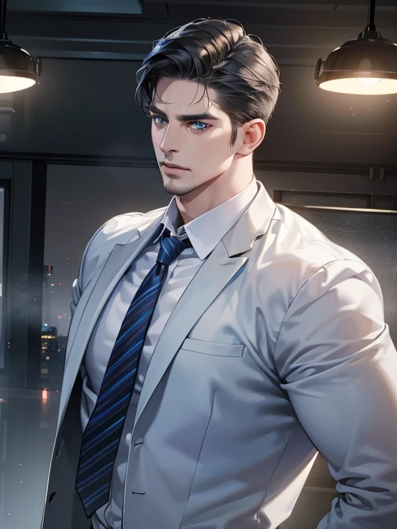 (best quality, masterpiece, 8K, photorealistic, cinematic lighting, hdr image, ultra detailed, beautiful image), 1 man, 34 years old, mature man, very handsome, (without expression, serious), short black hair, blue eyes ( penetrating gaze), imposing posture, businessman, office background
