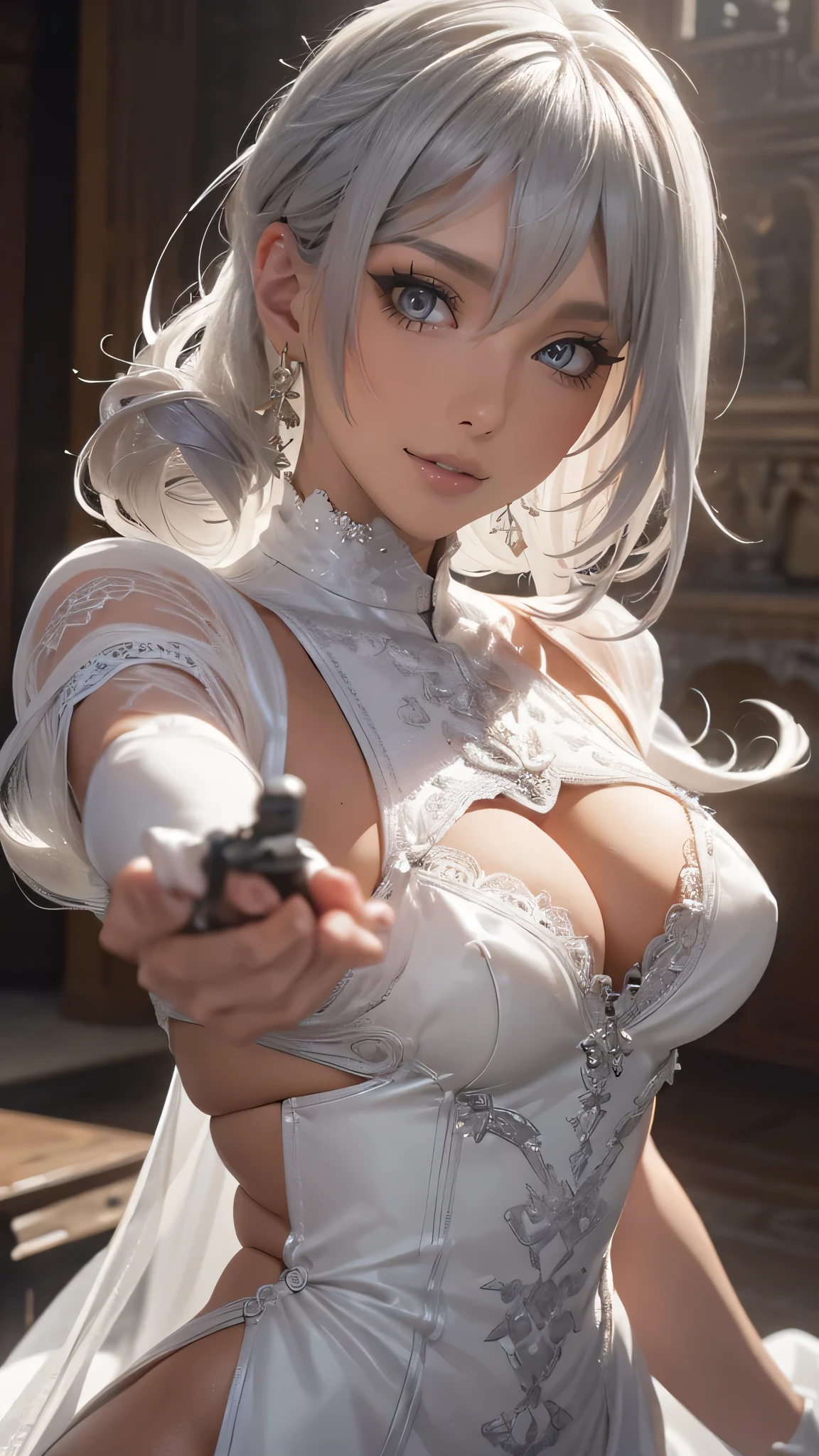 from behind,backwards,stretching,(have a sword,leather boots,asymmetrical armor,(long embroidered white lace dress,see through,lift up the hem of the dress)),silver hair,(tanned skin),(Thin type:1.8),(big breasts),(random hairstyle),(Highest image quality,(8k),ultra-realistic,best quality, high quality, high definition, high quality texture,high detail,beautiful detailed,fine detailed,extremely detailed cg,detailed texture,a realistic representation of the face,masterpiece,Sense of presence)