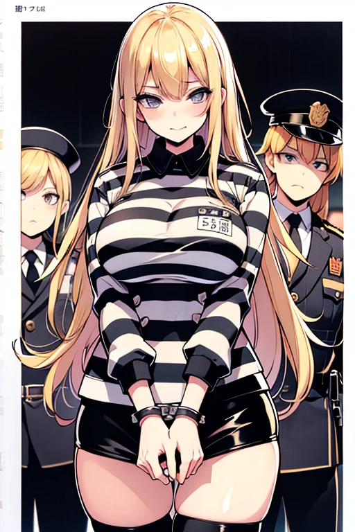 Long blonde hair, handcuffed, arrested, mature female, milf, big breasts ,40 years old, pon prison uniform, prisoner, black and white stripe prison uniform, waifu material, mature, oneesan, elder sister, smirk