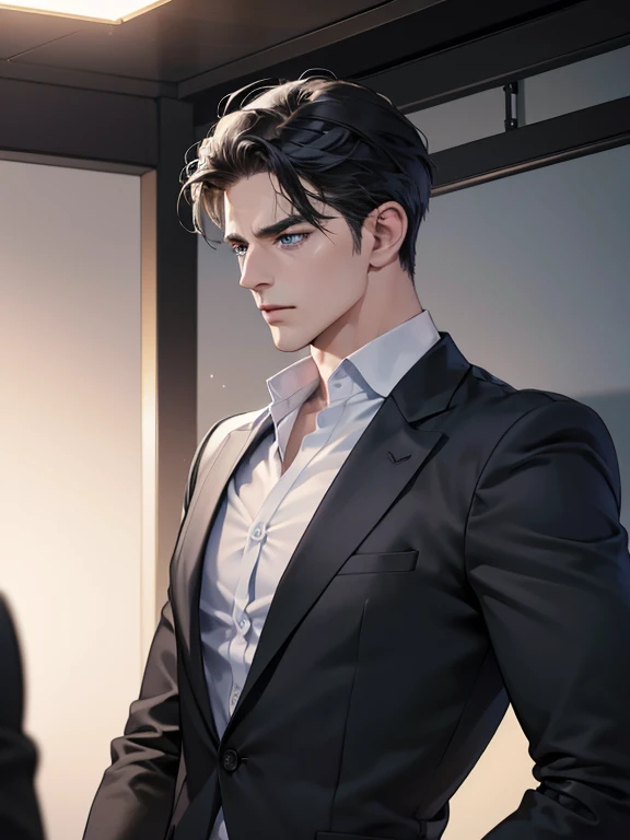 (best quality, masterpiece, 8K, photorealistic, cinematic lighting, hdr image, ultra detailed, beautiful image), 1 man, 34 years old, mature man, very handsome, (without expression, serious), short black hair, blue eyes ( penetrating gaze), imposing posture, businessman, office background