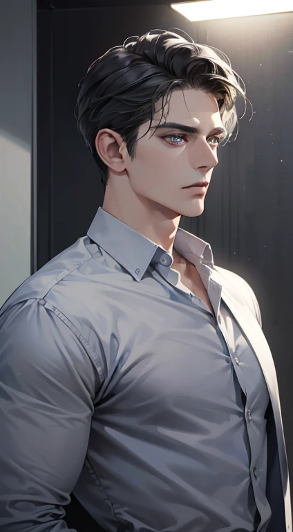 (best quality, masterpiece, 8K, photorealistic, cinematic lighting, hdr image, ultra detailed, beautiful image), 1 man, 31 years old, mature man, very handsome, (without expression, serious), short black hair, blue grey eyes ( penetrating gaze), perfect face without errors, imposing posture, without errors, businessman, office background