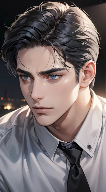 (best quality, masterpiece, 8K, photorealistic, cinematic lighting, hdr image, ultra detailed, beautiful image), 1 man, 31 years old, mature man, very handsome, (without expression, serious), short black hair, blue grey eyes ( penetrating gaze), perfect face without errors, imposing posture, without errors, businessman, office background