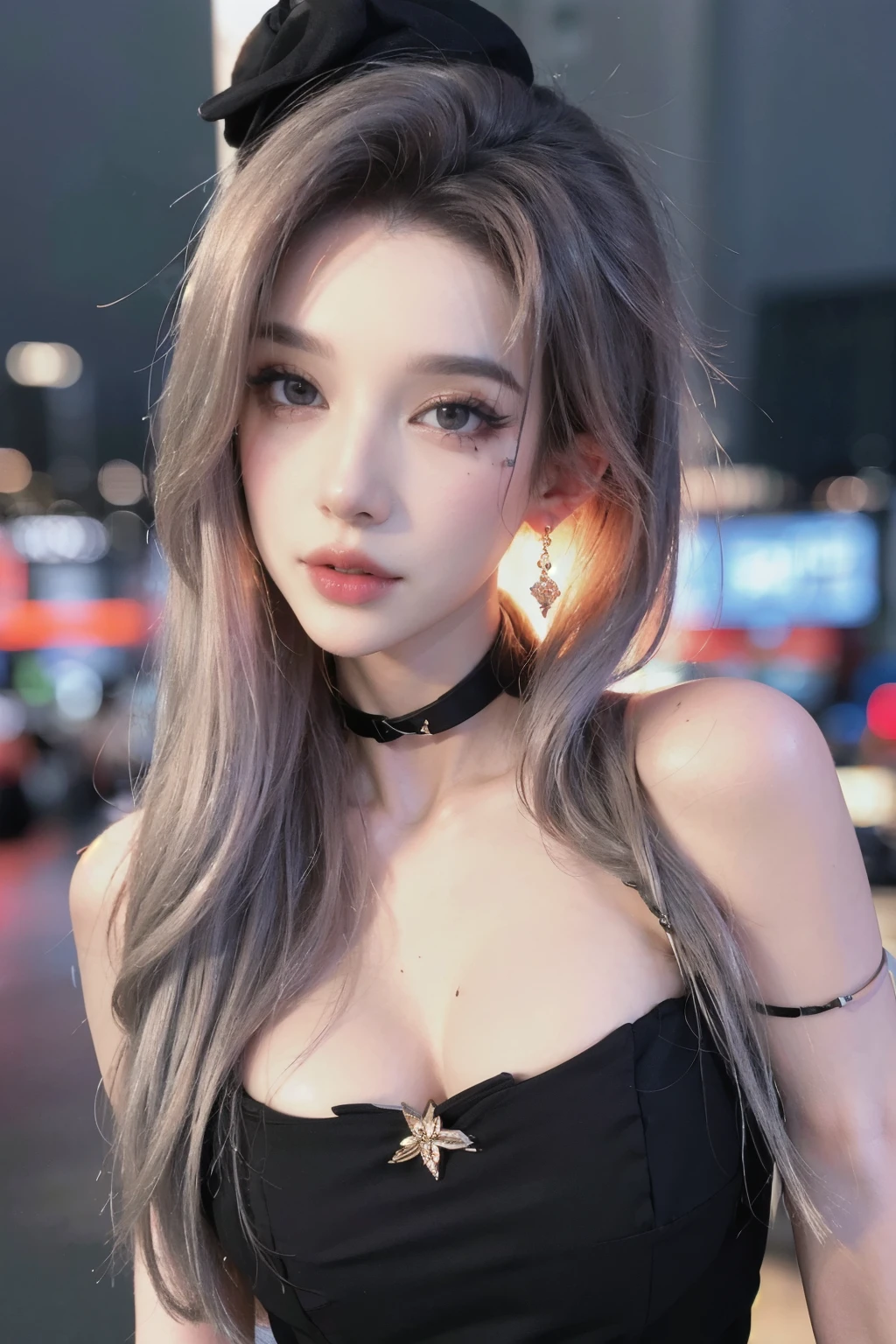 Floral, (Night city landscape background:1.5), (1 Girl:1.6), long hair, ulzzang-6500v1.1, (authentic: 1.2), (Practical: 1.3), beautiful girl，Beautiful details, Extremely detailed eyes and face, There are beautiful details in the eyes, absurd, incredibly absurd, Huge file size, Super detailed, high resolution, Super detaileded, best quality, masterpiece, illustration, Super detaileded and beautiful, Super detaileded, CG, Unite, 8k wallpaper, Astonishing, Fine details, masterpiece, Top quality, Official Art, extremely detailed CG Unite 8k wallpaper, movie lighting, (Perfect radiant skin:0.6), Slim and smooth lines, (floating), Diamond Earrings, (Upper Body:1.5), (Small Breasts:1.2), (yangmi:1.5), 