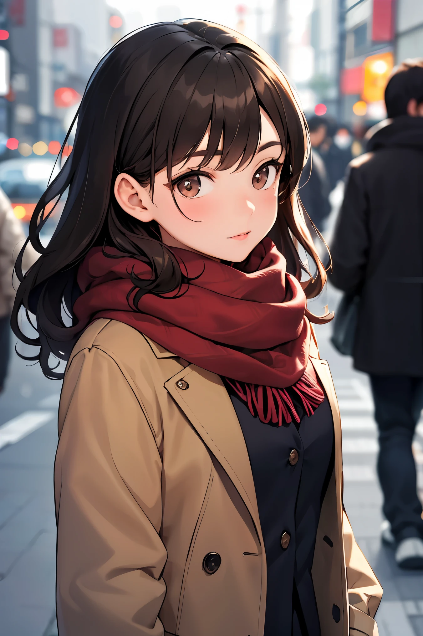 Masterpiece, best quality, Photo of a modern caucasian indian woman with wavy dark hair, detailed brown eye, winter coat, peach colour scarf, focus on face, on Tokyo street. 