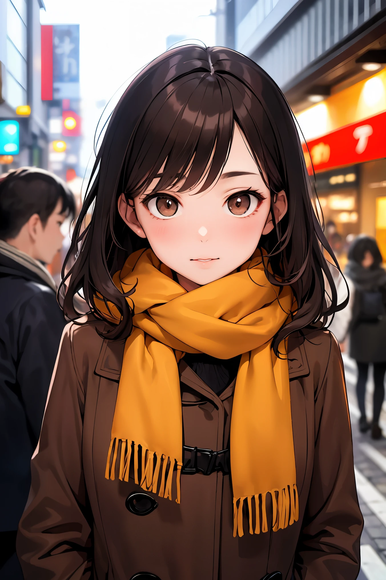 Masterpiece, best quality, Photo of a modern caucasian indian woman with wavy dark hair, detailed brown eye, winter coat, peach colour scarf, focus on face, on Tokyo street.