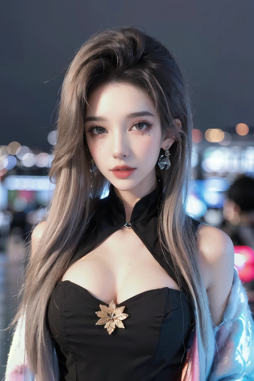 Floral, (Night city landscape background:1.5), (1 Girl:1.6), long hair, ulzzang-6500v1.1, (authentic: 1.2), (Practical: 1.3), beautiful girl，Beautiful details, Extremely detailed eyes and face, There are beautiful details in the eyes, absurd, incredibly absurd, Huge file size, Super detailed, high resolution, Super detaileded, best quality, masterpiece, illustration, Super detaileded and beautiful, Super detaileded, CG, Unite, 8k wallpaper, Astonishing, Fine details, masterpiece, Top quality, Official Art, extremely detailed CG Unite 8k wallpaper, movie lighting, (Perfect radiant skin:0.6), Slim and smooth lines, (floating), Diamond Earrings, (Upper Body:1.5), (Small Breasts:1.2), (yangmi:1.5), 