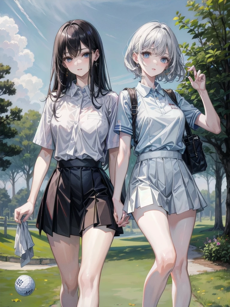 ((yuri)), ((2 girls)), (golf uniform), absurdres, RAW photo, extremely delicate and beautiful, masterpiece, Best Quality, ultra high resolution, 32k, hyperrealistic, ultra-detailed, detailed description, perfect anatomy, pale skin, 20 years old, detailed beautiful face and eyes, tearful mole, earring, short medium hair, wavy hair, whole body shot, colossal tits,