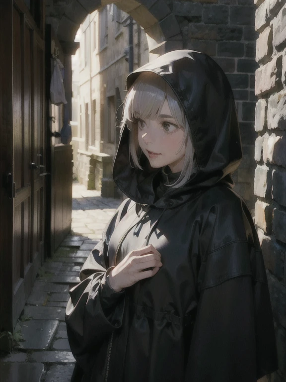 Woman, Medieval Street, raincoat with hood, hood pulled over face, face hidden in the shadow of the hood, beautiful figure, dark light, night, Stone wall, excitement