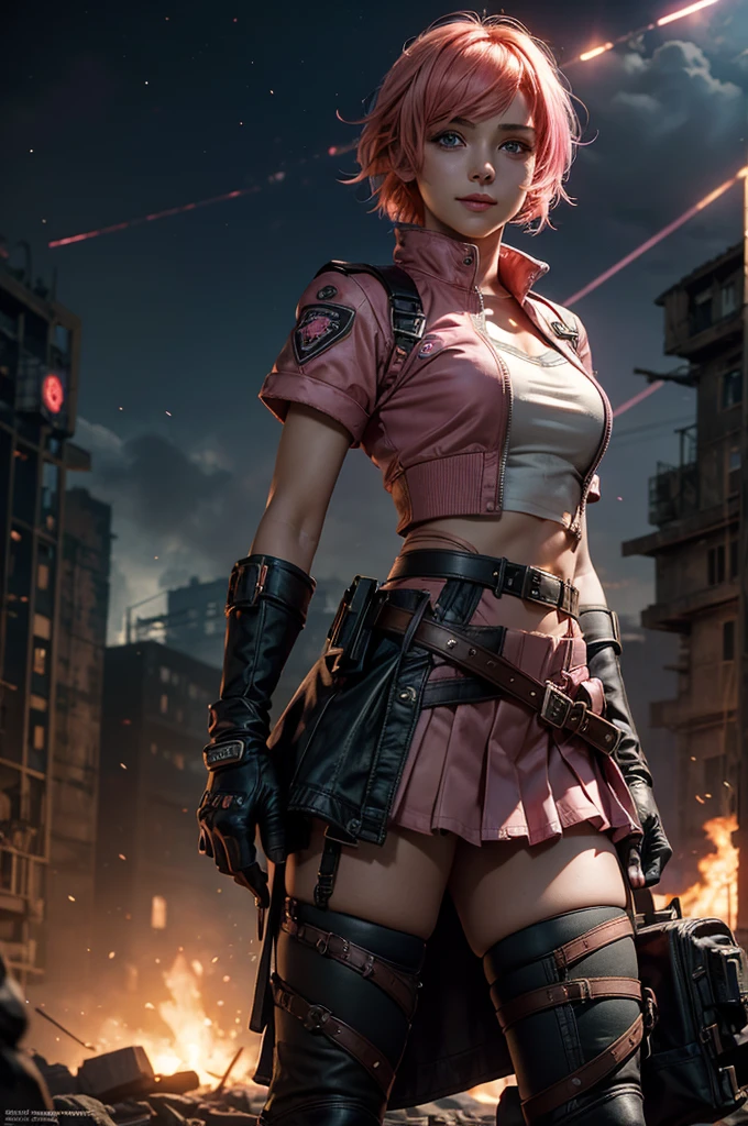 1girl,cowboy shot, beautiful nora_valkyrie, looking at viewer, smile, short hair, blue eyes, heart cutout, gloves, jacket, pink skirt, pink belt, short sleeves, puffy sleeves, single armband, fingerless gloves, short hair, orange hair, pink gloves, dynamic pose, night, lightning, standing on old suspension bridge, river, post-apocalypse, dystopian future, crowd, (crowd in military uniforms), bonfires, (volumetric lighting), best quality, masterpiece, intricate details, tonemapping, sharp focus, hyper detailed, trending on Artstation,