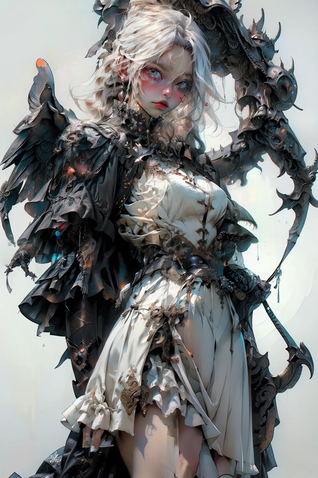 ((best quality)), ((masterpiece)), (detailed), blank white background, plain background, white background, Bloodborne inspired,  occult aesthetic, occult, detailed and intricate steampunk and detailed gothic, NSFW, Very dramatic and cinematic lighting, cosmic horror, grim-dark, side-lighting, perfect face, a beaituful goddess valkyrie adorned and enshrined in armour, Bloodborne inspired valkyrie, occult aesthetic valkyrie, occult valkyrie, detailed and intricate steampunk and detailed gothic valkyrie, NSFW, Fluttering lace flared long knee length dress with frilly petticoats, knee length dress, pleated petticoats, lolita dress, petticoats gothic lolita, side-lighting, gothic lolita aesthetic, beautiful small breasts, small breasts, full body, whole body, body, plain background, white background, blank background, no background, white background