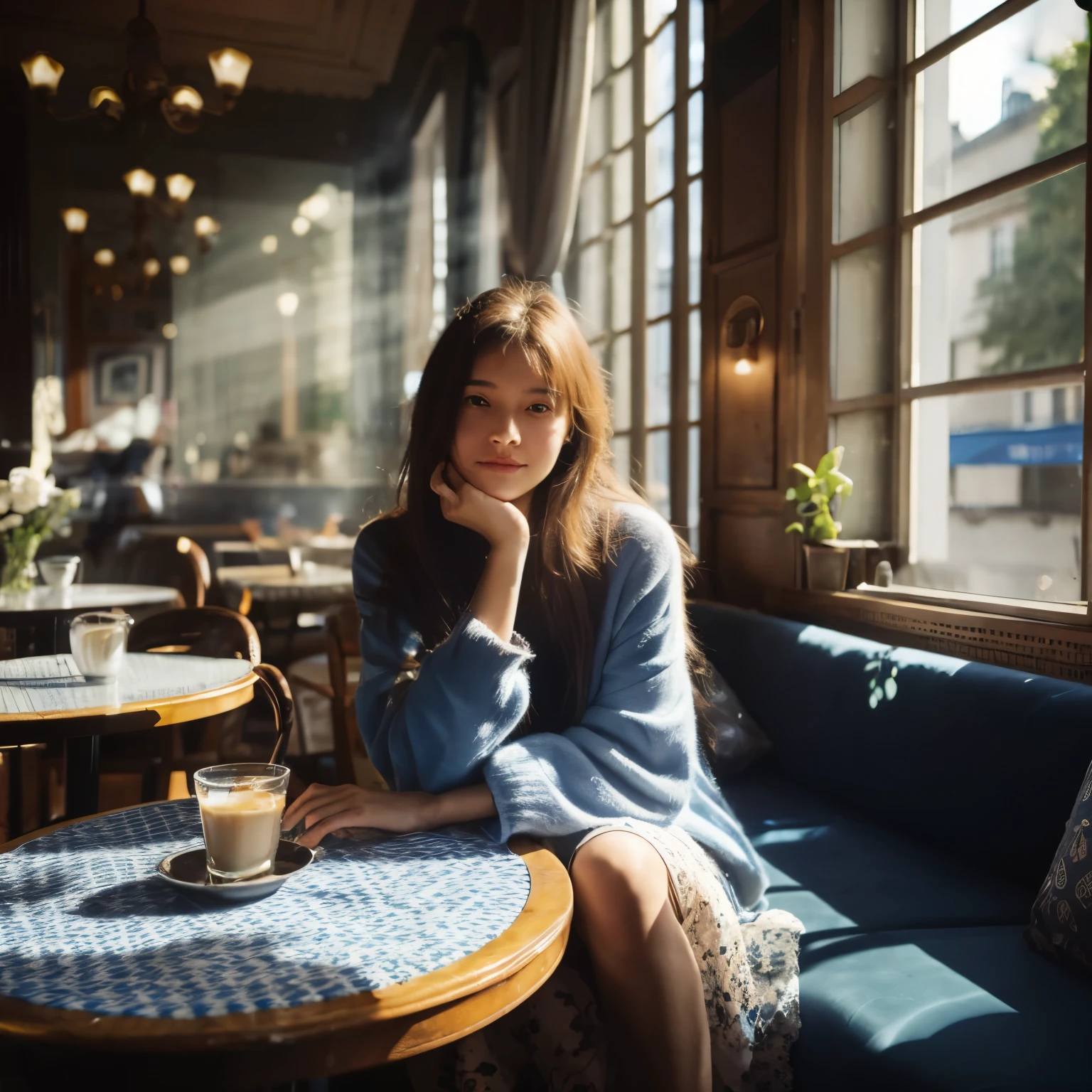 Mood photo for advertising, a  girl sitting inside a cafe, at a coffee table with blue-white-patched table cloth, Close-up selfie, in paris, morning sunshine from window, photorealistic, selfie 