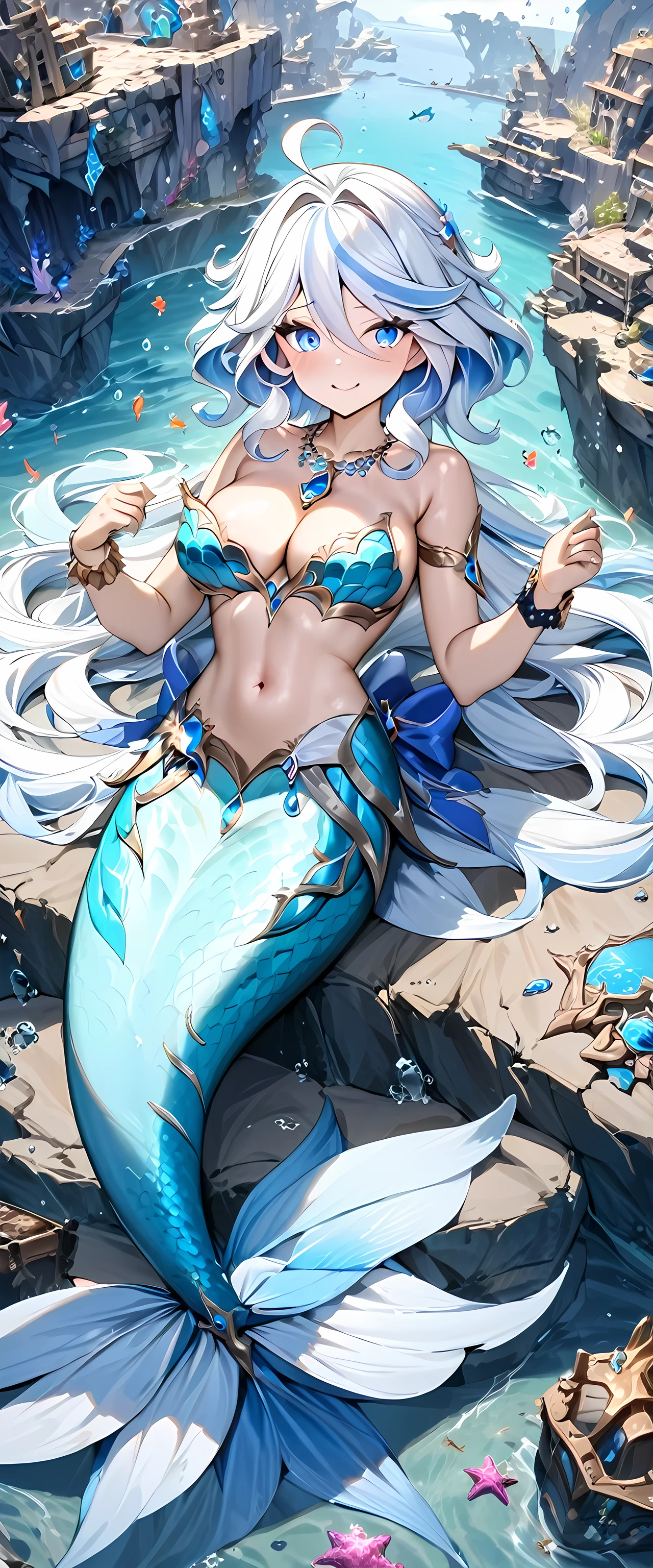 (masterpiece), best quality, expressive eyes, perfect face,1girl,furina_(genshin impact),mermaid,(beautiful mermaid tail:1.4),big breasts,cleavage,bracelets,(scales),navel,cowboy shot,underwater,sunken city,pointy ears,bare neck,((jewel necklace)),bare shoulders,(strapless shell bikini),smiles,lying on back