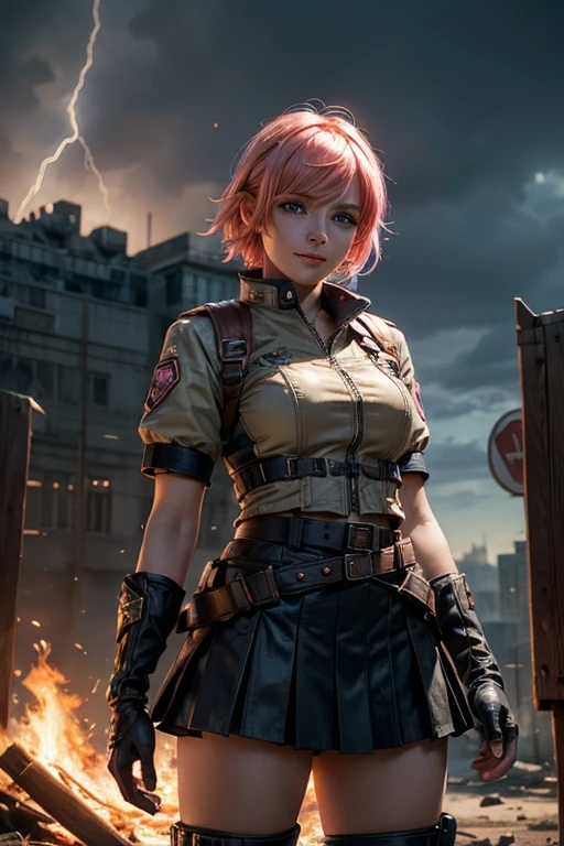 1girl,cowboy shot, beautiful nora_valkyrie, looking at viewer, smile, short hair, blue eyes, heart cutout, gloves, jacket, pink skirt, pink belt, short sleeves, puffy sleeves, single armband, fingerless gloves, short hair, orange hair, pink gloves, dynamic pose, night, lightning, standing on old suspension bridge, river, post-apocalypse, dystopian future, crowd, (crowd in military uniforms), bonfires, (volumetric lighting), best quality, masterpiece, intricate details, tonemapping, sharp focus, hyper detailed, trending on Artstation,