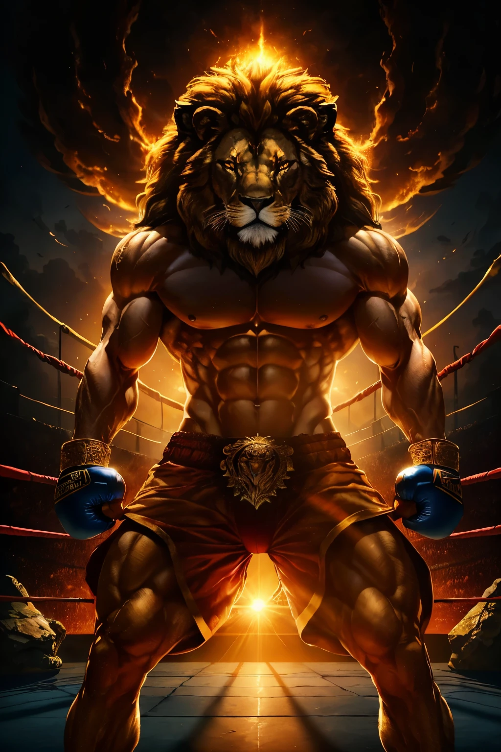 Digital Artwork, Ultra High Definition (UHD), Cover Art

Dramatic and Intense: A majestic lion, donning boxing gear, stands on an ethereal stage, eyes ablaze with ferocity. The lion's muscle-toned form is accentuated by the vibrant colors of the boxing ring that cages him, creating a striking contrast with the lush, evening landscape that lies beyond the ropes. The setting sun casts a warm, golden light upon the lion's mane, creating a halo effect that suggests a divine beast.

The lion's every muscle seems chiseled from stone, a testament to his raw power and agility.