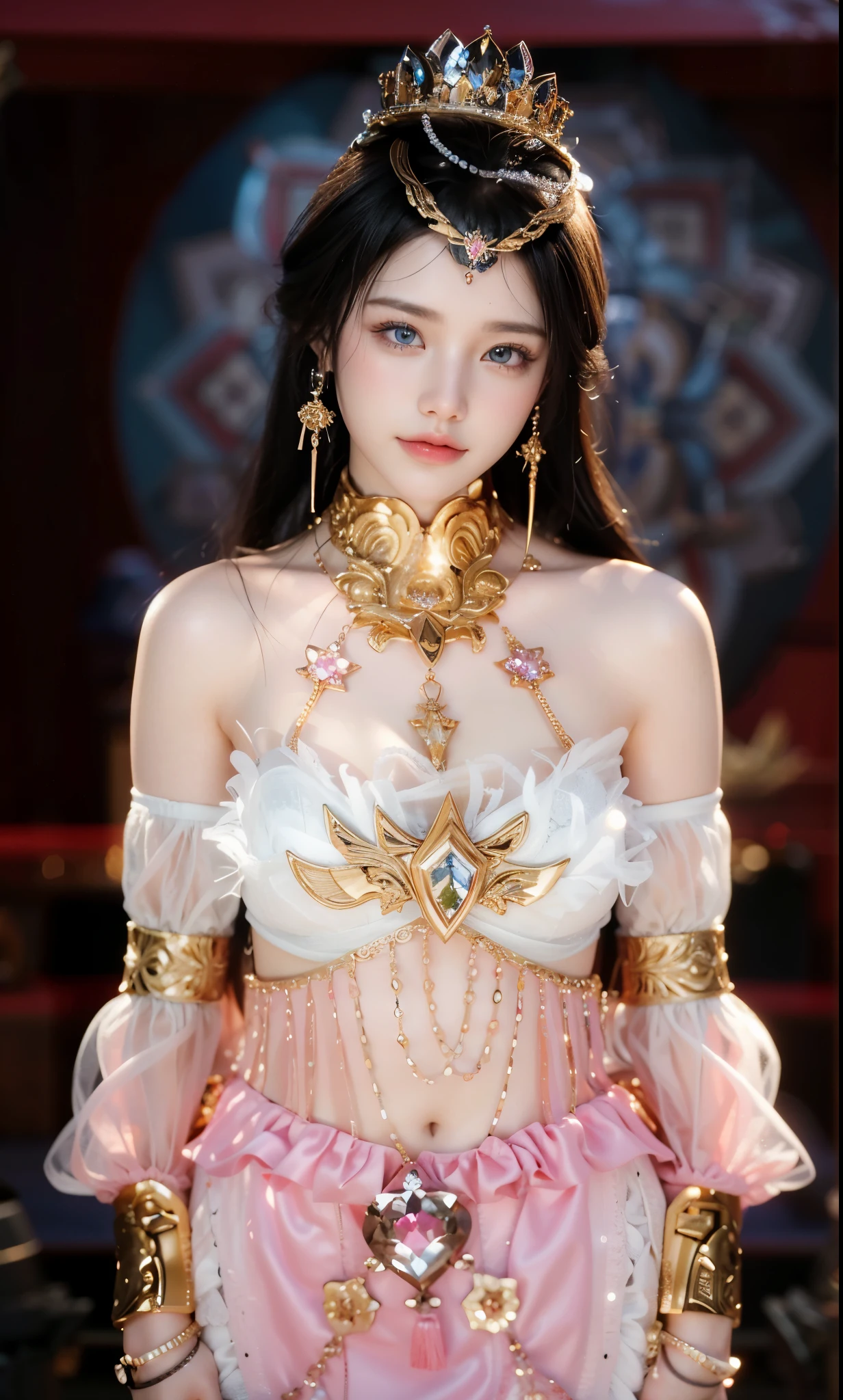 Game Art,Best image quality,Maximum resolution,8k,(A half-length photo),(portrait),(Head close-up),(Rule of Thirds),Unreal Engine 5 rendering works,20 year old girl,((Queen)),The eyes are very detailed,(Large Breasts),Elegant and noble,Light,Light线追踪,Game CG,((3D Unreal Engine)),OC rendering reflection mode,4K,Ultra-clear,Sensual,Translucent lace,Fair and plump figure,Pretty Face,Light泽凝胶涂层,身着华贵礼服的Queen,Crystal Gem Crown,Necklace jewelry,blue eyes,The tattoo is very three-dimensional,Gorgeous and intricate tattoo designs,Ultra-clear portrait,Sexy body,Temple Princess,Sapphire eyes,Gorgeous clothes,Gold bracers