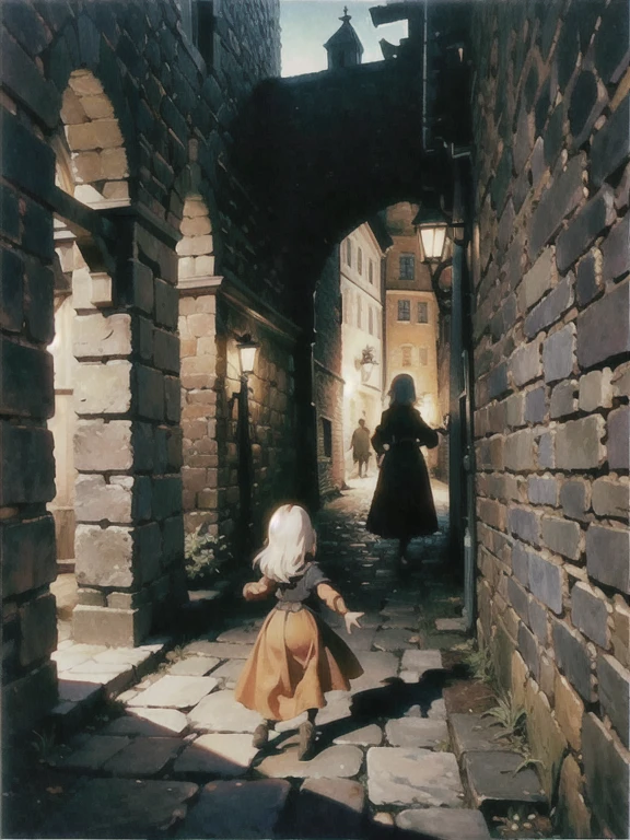 Medieval Street, dark light, night, Stone wall, girl thief sneaks along the wall, excitement, Looking
