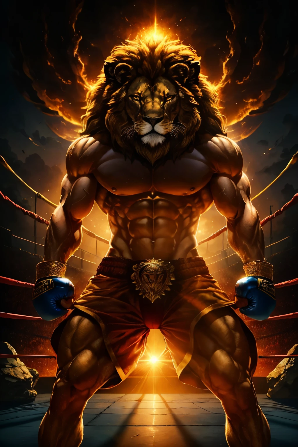 Digital Artwork, Ultra High Definition (UHD), Cover Art
Dramatic and Intense: A majestic lion, donning boxing gear, stands on an ethereal stage, eyes ablaze with ferocity. The lion's muscle-toned form is accentuated by the vibrant colors of the boxing ring that cages him, creating a striking contrast with the lush, evening landscape that lies beyond the ropes. The setting sun casts a warm, golden light upon the lion's mane, creating a halo effect that suggests a divine beast.
The lion's every muscle seems chiseled from stone, a testament to his raw power and agility.