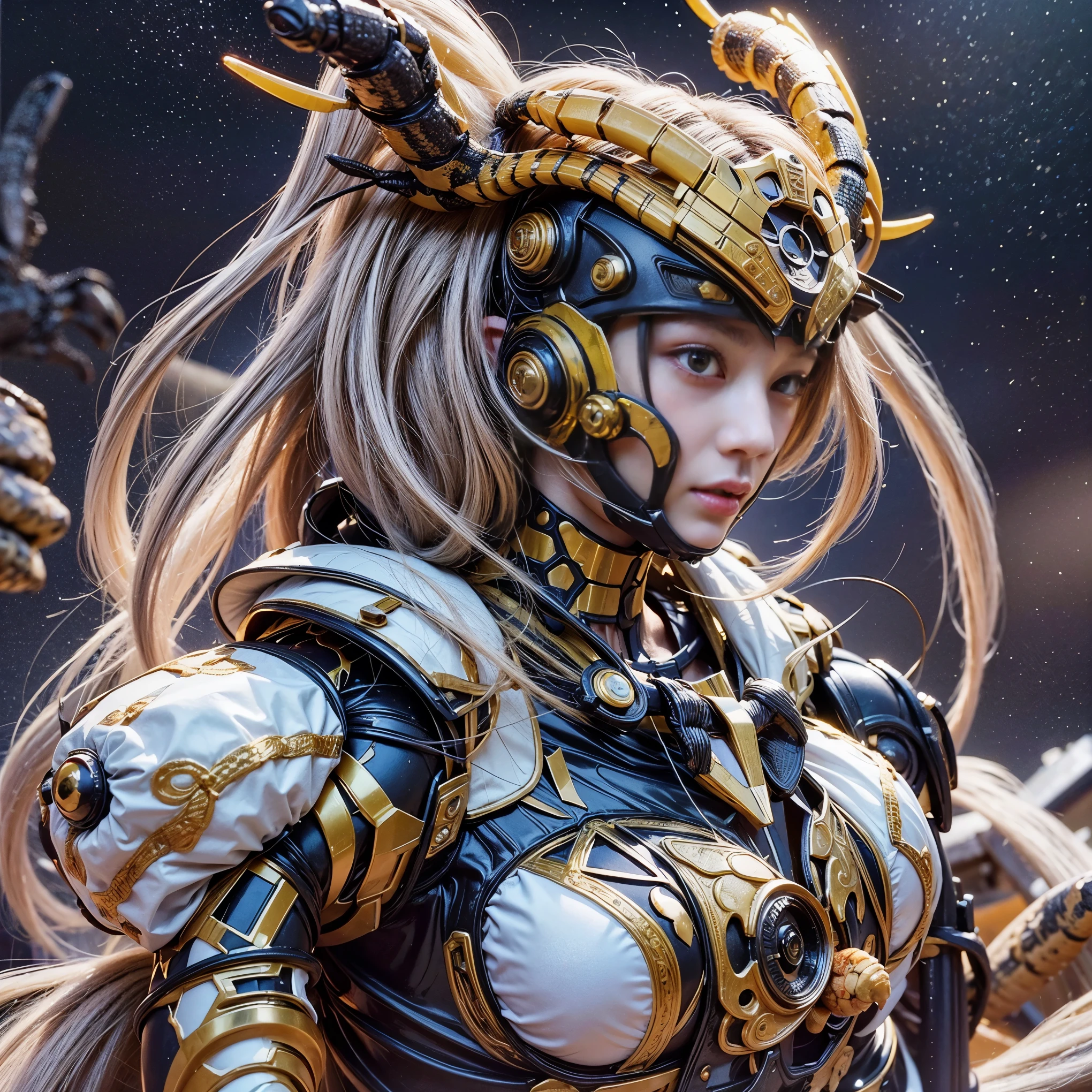 (high resolution,masterpiece,best quality,extremely detailed CG,),(japanese femal soldier), photorealistic, amazing fine details, all intricate, gloss and shiny,awesome many layers, 8k, ultimately realistic face, villainess, (fusion of scorpion and lady:1.4), (scorpion form lady:1.2), (scorpion lady:1.2), (fusion:1.2), (scorpion exoskeleton bio insect suit:1.4), fighting pose, (whole body picture), dystopia with a beautiful view