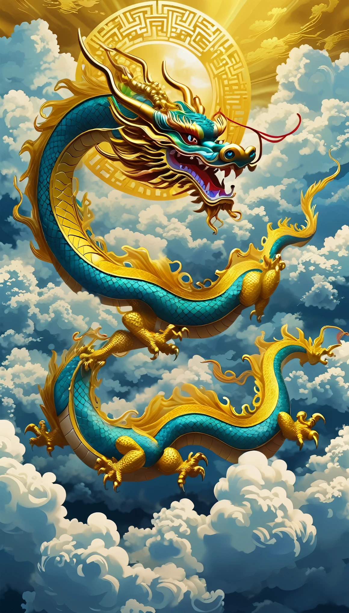 Please draw a picture of a golden Chinese-style dragon floating in the air within a sea of clouds.